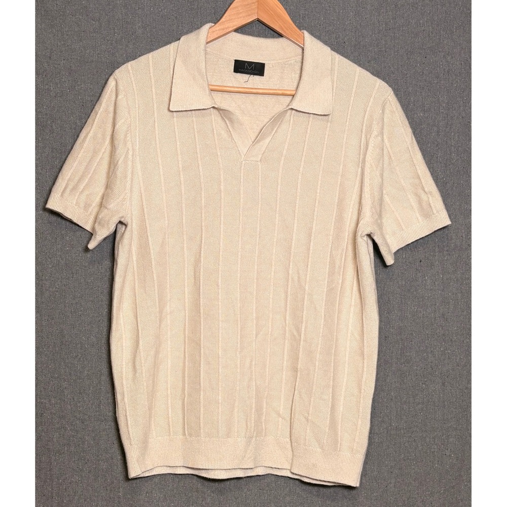 Magaschoni Mens Ribbed Knit Polo Shirt Cream Beige Short Sleeve V-Neck Medium